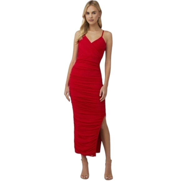 Revolve Elliatt Red Pippa Rushed Mesh Evening Midi Dress Gown Cocktail Party Wed - Picture 4 of 16